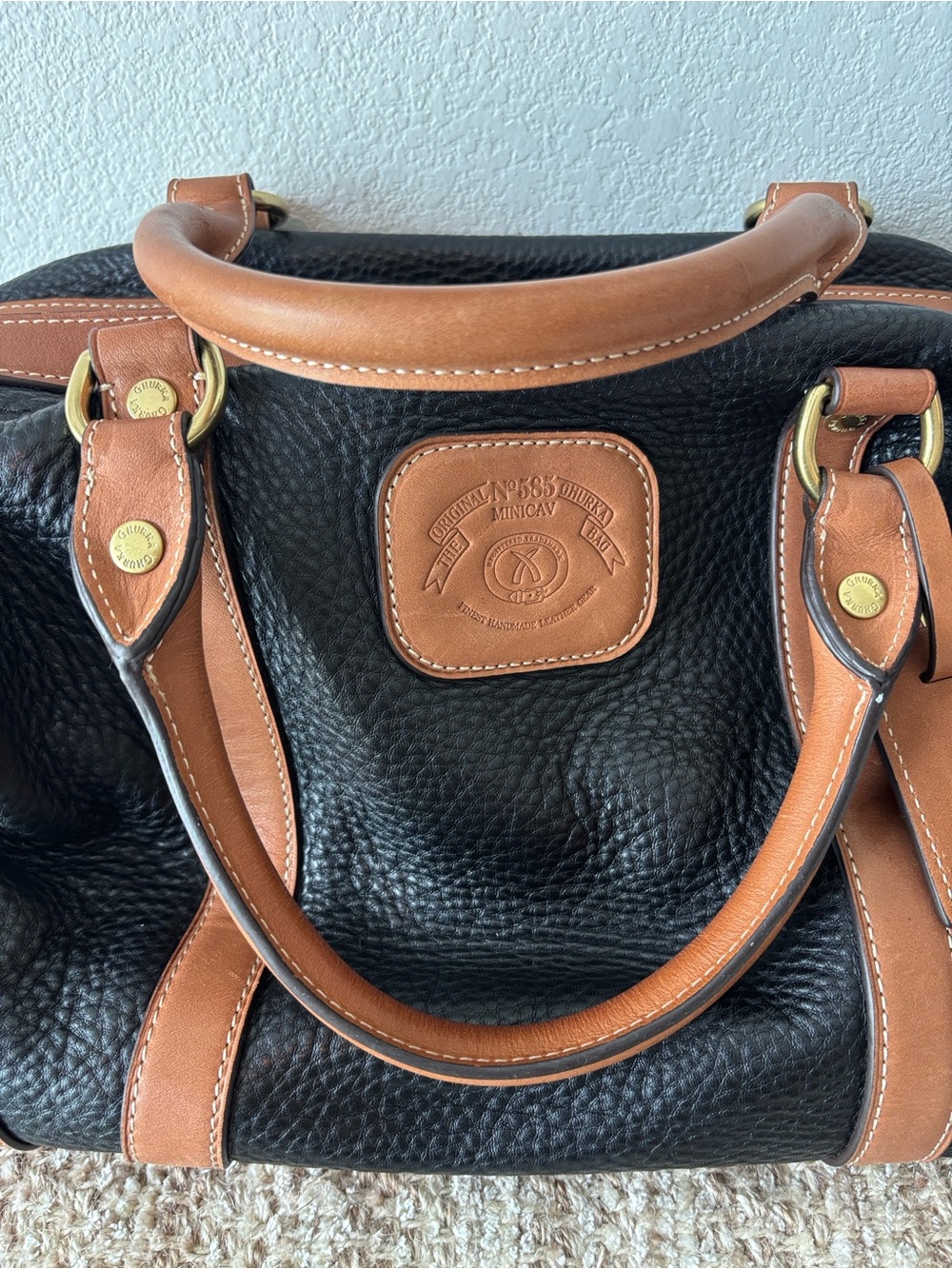 GHURKA Black Pebble Leather Satchel with Tan Trim